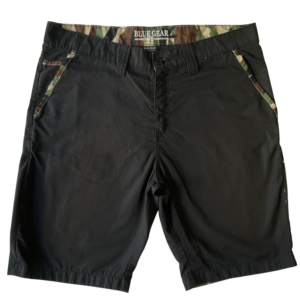 Blue Gear Men Shorts 38 Black Cargo Ripstop Button Camouflage Trim 10" Inseam